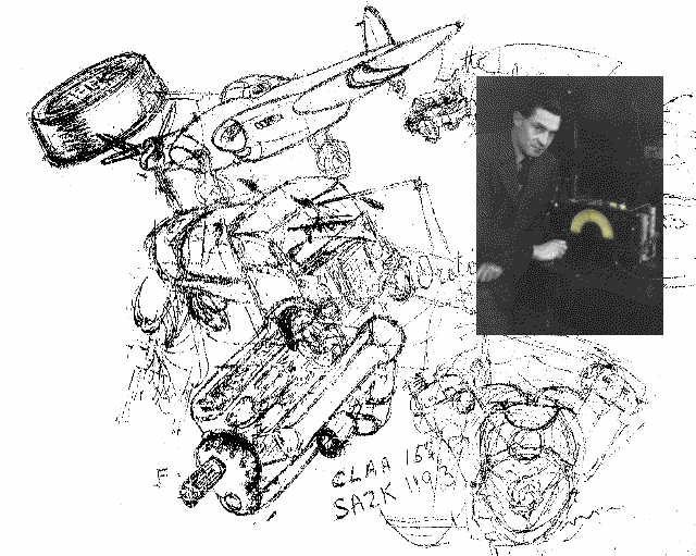 Man with radio set on background of sketches of WWII RAF equipment