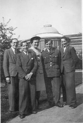 Edouard, Cyrille, Germaine and Henri Strybos-Walgraef with Cpl. Jim Shaw at National Botanic Garden, Brussels 1945