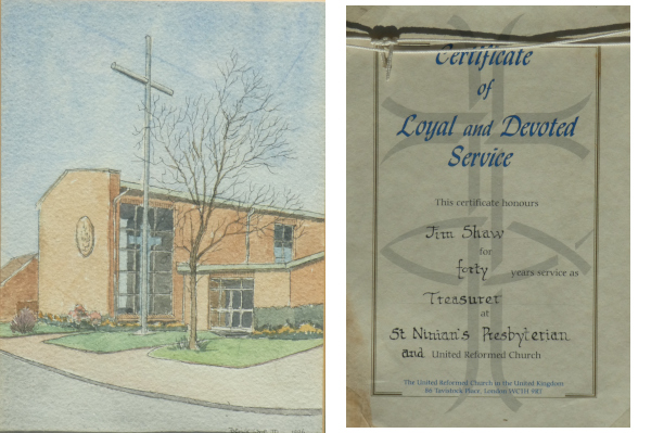 watercolour of a modern church, front and back