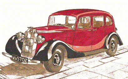 painting of old red car by a street lamp