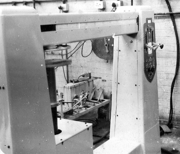 steel portal with control panel on right