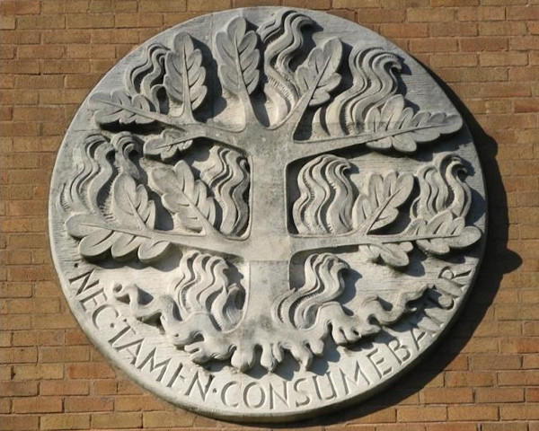 circular stone carving of a burning bush
