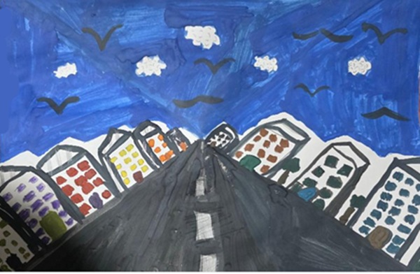 scene of a tall building lined street stretching into the distance with seagulls flying above.